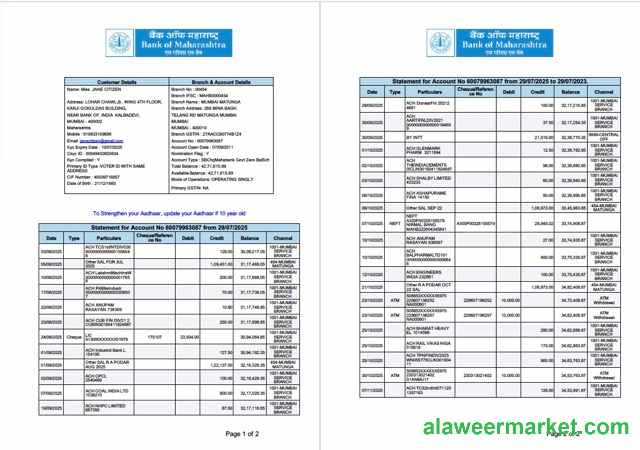 India Bank of Maharashtra statement of account Word and PDF template, 2 pages